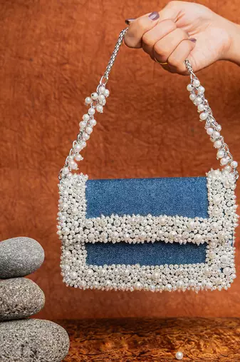 Denim blue beaded embroidered clutch