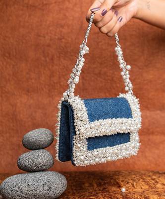 Denim blue beaded embroidered clutch 3