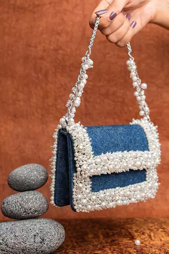 Denim blue beaded embroidered clutch