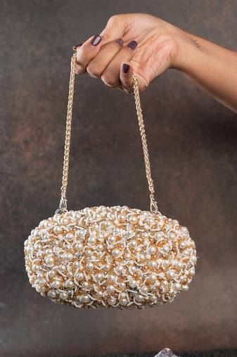 White pearl embroidered silk clutch