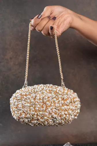 White pearl embroidered silk clutch