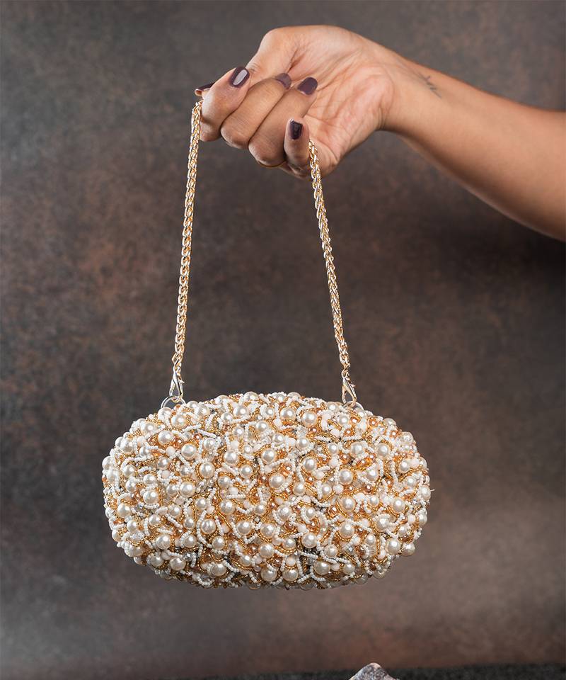 White pearl embroidered silk clutch