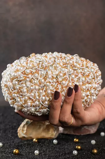 White pearl embroidered silk clutch