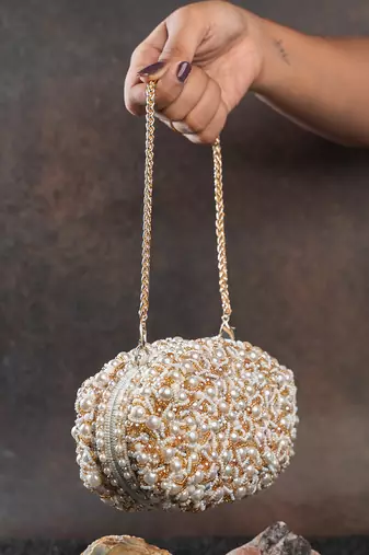 White pearl embroidered silk clutch