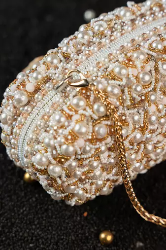 White pearl embroidered silk clutch