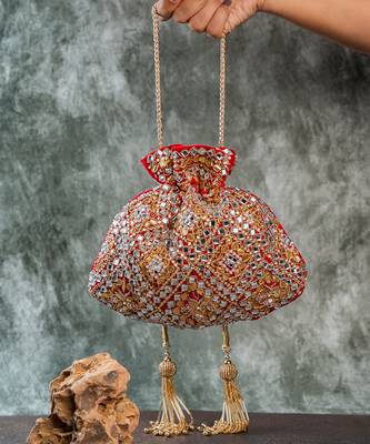 Scarlet red embroidered velvet potli bag 1