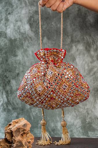 Scarlet red embroidered velvet potli bag