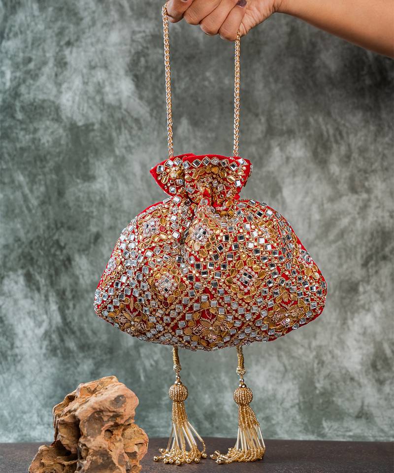 Scarlet red embroidered velvet potli bag