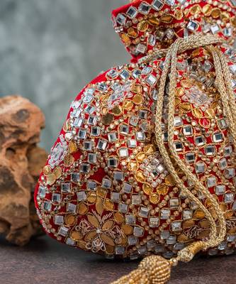Scarlet red embroidered velvet potli bag 2