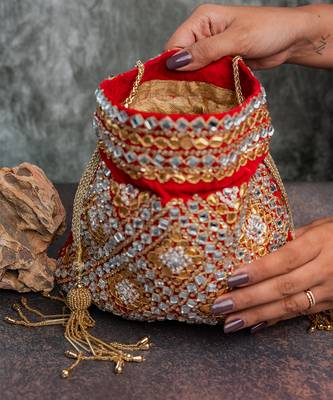 Scarlet red embroidered velvet potli bag 3