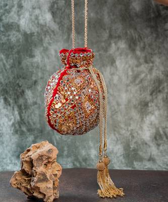 Scarlet red embroidered velvet potli bag 4