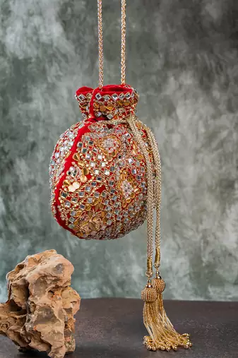 Scarlet red embroidered velvet potli bag