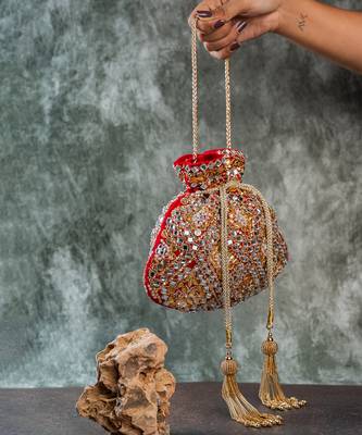 Scarlet red embroidered velvet potli bag 5