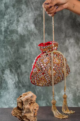 Scarlet red embroidered velvet potli bag