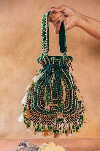 Emerald green embroidered silk potli bag