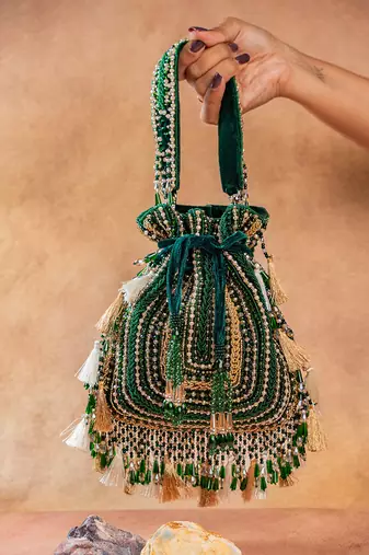 Emerald green embroidered silk potli bag