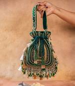 Emerald green embroidered silk potli bag