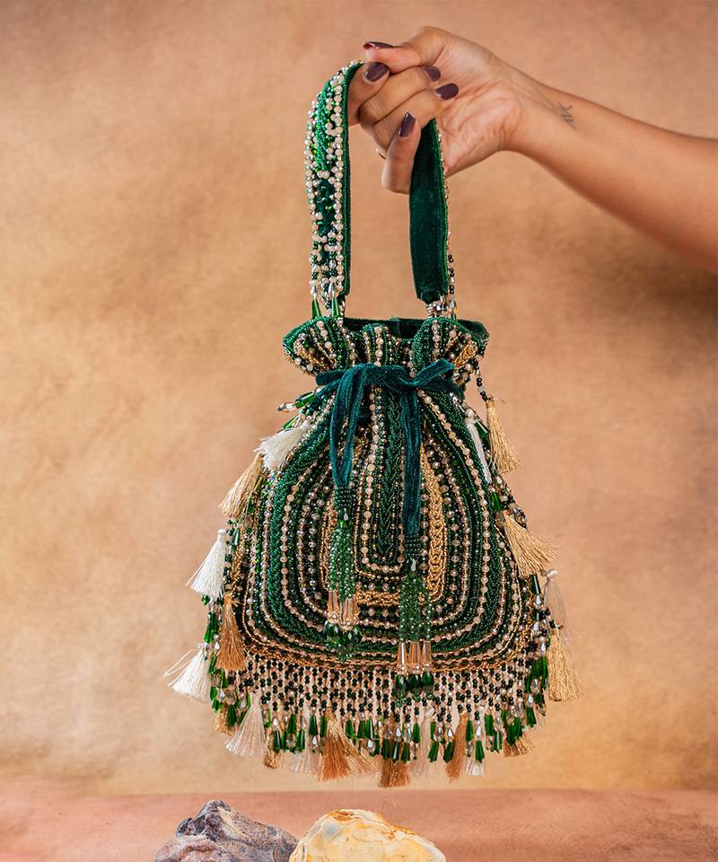 Emerald green embroidered silk potli bag