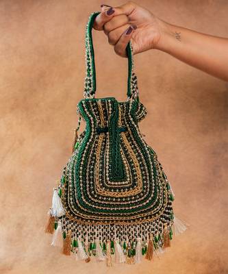 Emerald green embroidered silk potli bag 2