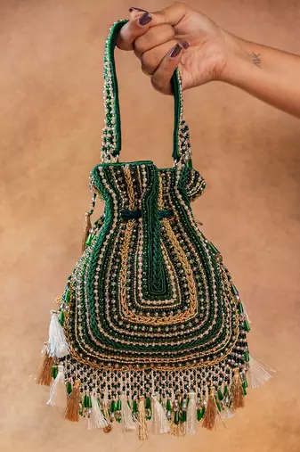 Emerald green embroidered silk potli bag