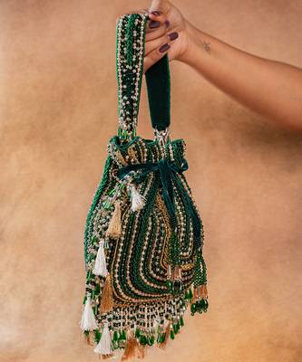 Emerald green embroidered silk potli bag 3