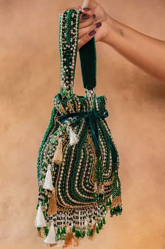 Emerald green embroidered silk potli bag