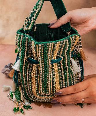 Emerald green embroidered silk potli bag 5