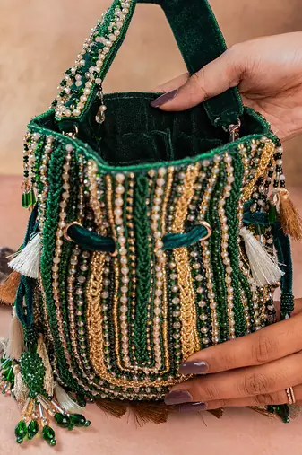 Emerald green embroidered silk potli bag
