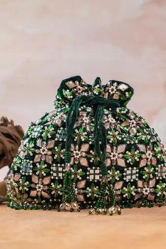 Deep green embroidered velvet potli bag