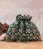 Deep green embroidered velvet potli bag