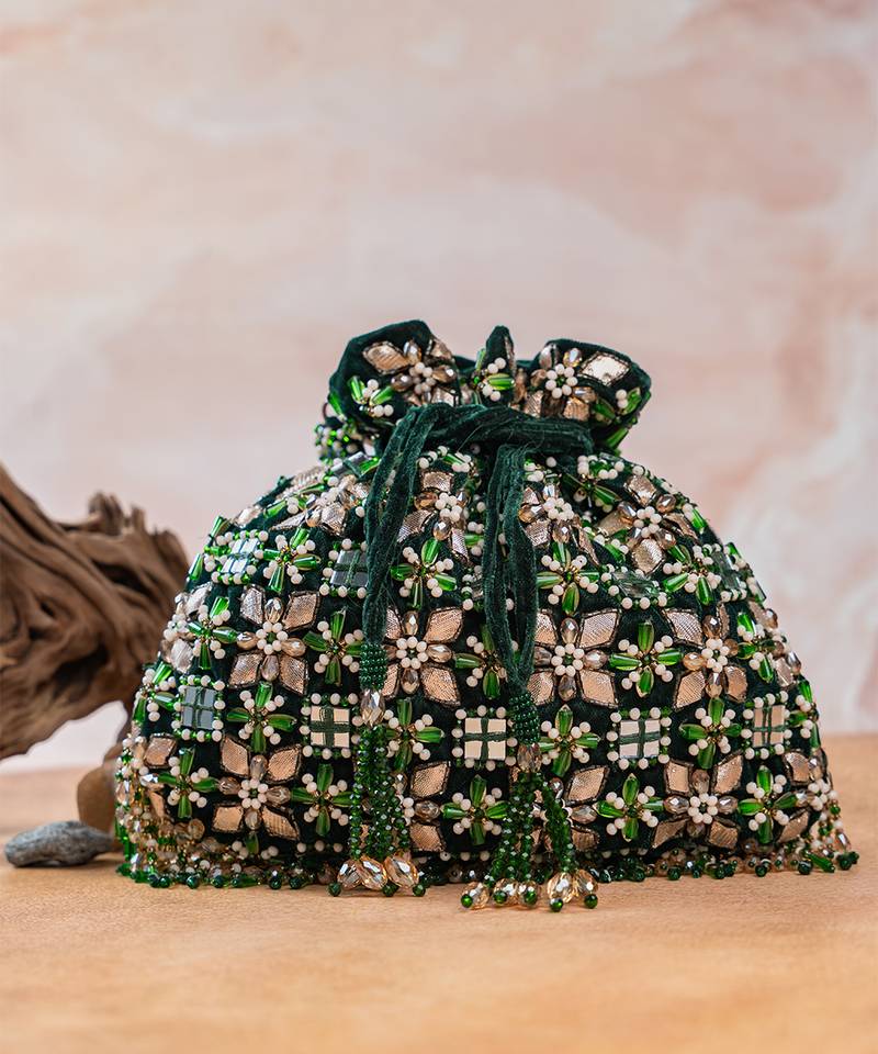 Deep green embroidered velvet potli bag