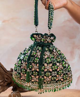 Deep green embroidered velvet potli bag 2