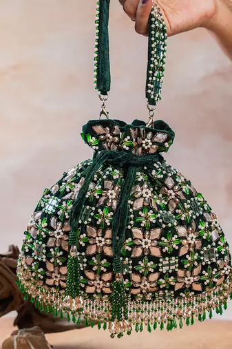 Deep green embroidered velvet potli bag