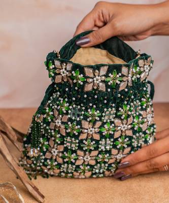 Deep green embroidered velvet potli bag 3