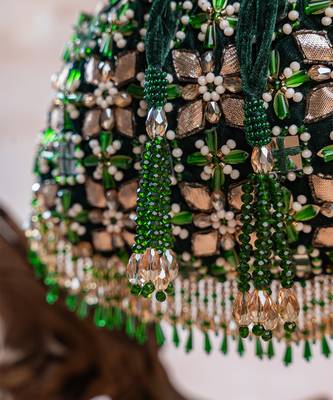 Deep green embroidered velvet potli bag 4