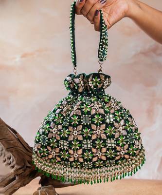 Deep green embroidered velvet potli bag 5