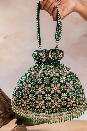 Deep green embroidered velvet potli bag