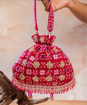 Hot pink embroidered velvet potli bag 2
