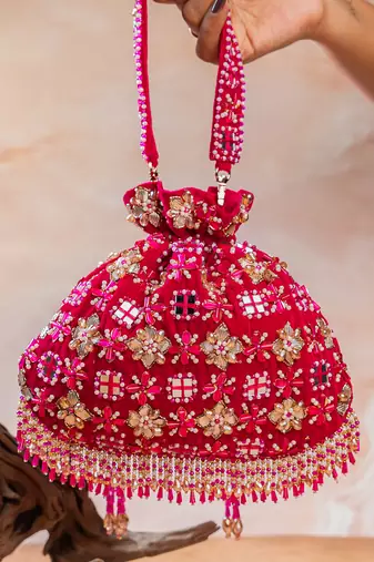 Hot pink embroidered velvet potli bag