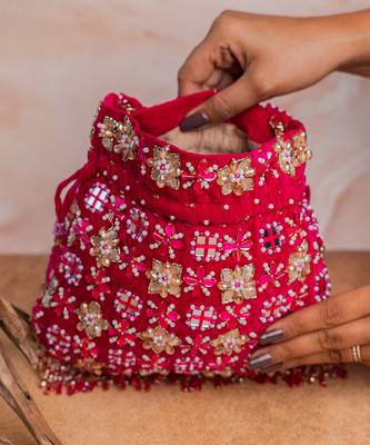Hot pink embroidered velvet potli bag 3
