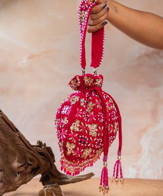 Hot pink embroidered velvet potli bag 4