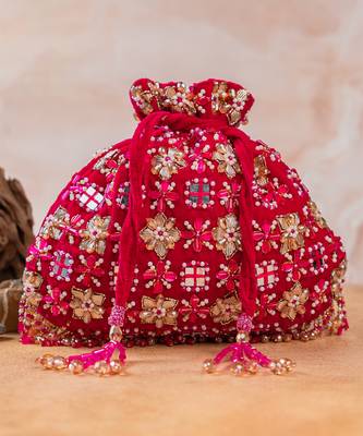 Hot pink embroidered velvet potli bag 5