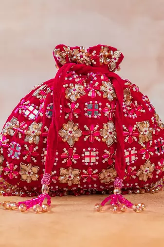 Hot pink embroidered velvet potli bag