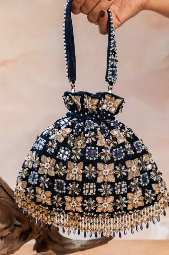 Navy blue embroidered velvet potli bag
