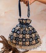 Navy blue embroidered velvet potli bag