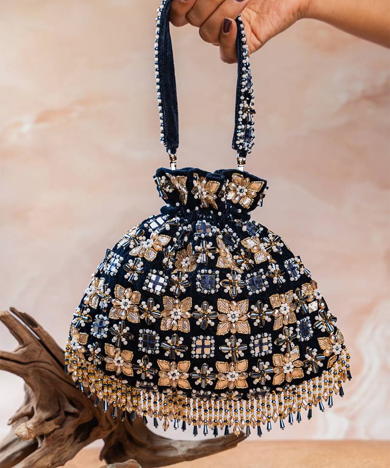 Navy blue embroidered velvet potli bag
