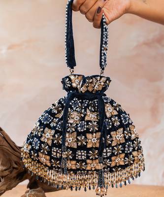 Navy blue embroidered velvet potli bag 2