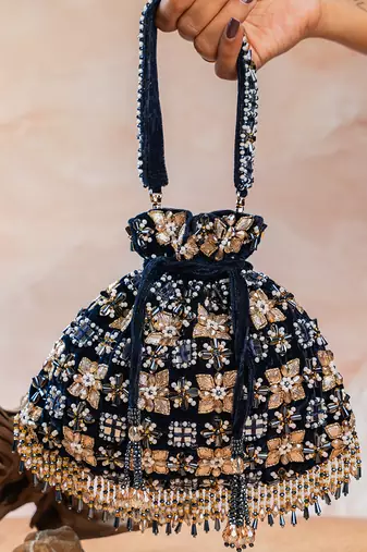Navy blue embroidered velvet potli bag