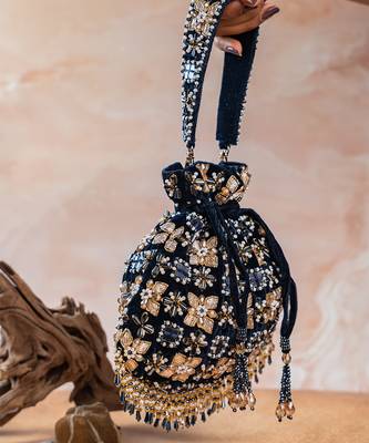 Navy blue embroidered velvet potli bag 4