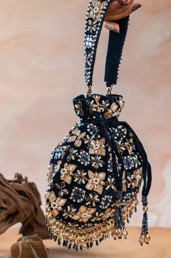 Navy blue embroidered velvet potli bag